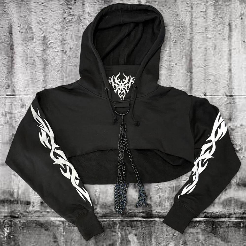 Dolls Kill Club Exx Tribal Chain Cropped Hoodie Black Size Small Goth Y2K